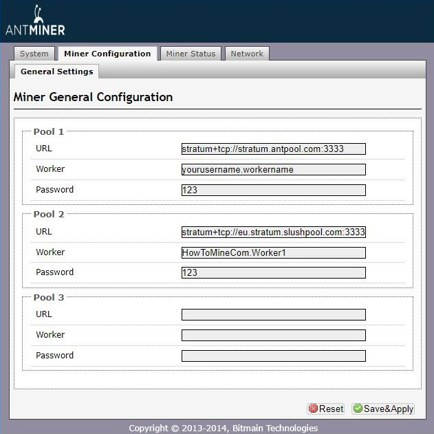 Екранна снимка на конфигурационната страницата на Antminer с въведени два различни Bitcoin миньорски пуула. 