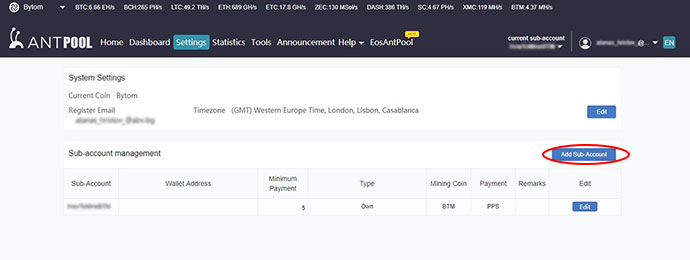 Изображение, показващо секцията за управление на подакаунта на Antpool.