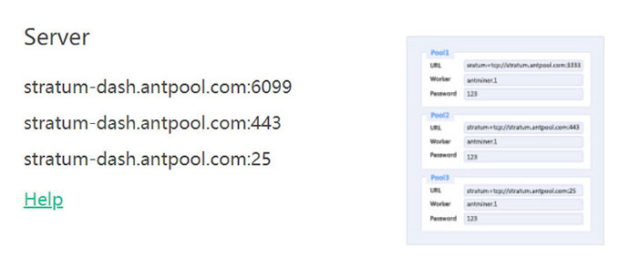 Екранна снимка, показваща част от началната страница на Antpool със списък с различни URL пуул адреси на монети.