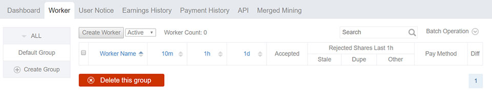 A screenshot of Antpool's dashboard window, showing how to create and manage a worker account for Dash mining.