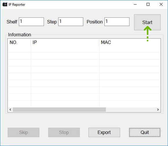 Изображение, показващо IP репортер бутона на Bitmain за стартиране търсенето на ASIC IP адреси.