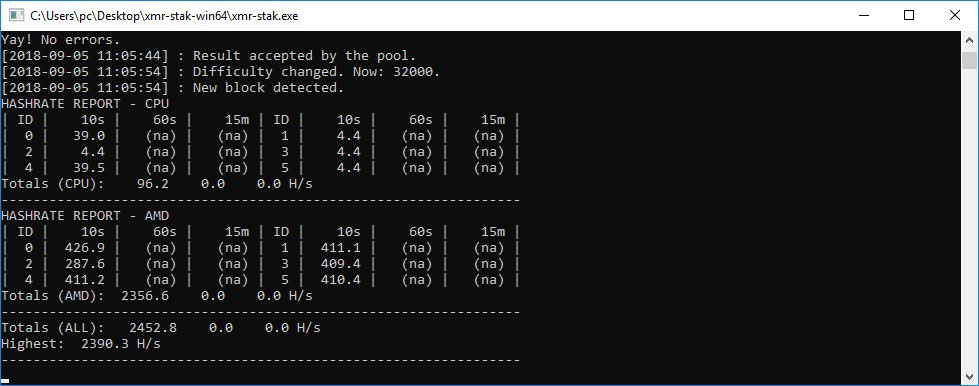 Ein Screenshot der geöffneten Software Konsole, um zu checken ob die Aeon Mining Konfiguration funktioniert.