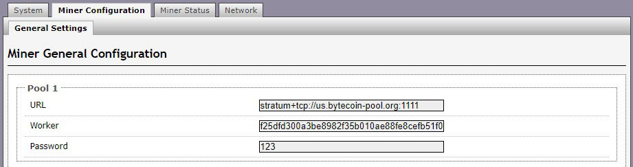 Ein Screenshot von der Antminer's Konfigurationsseite: Bytecoin Mining Pools. 