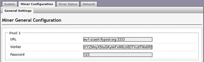 Ein Screenshot von der Antminder Mini Konfigurationsseite mit dem eingegebenen Beispiel von Zcash Flypool.