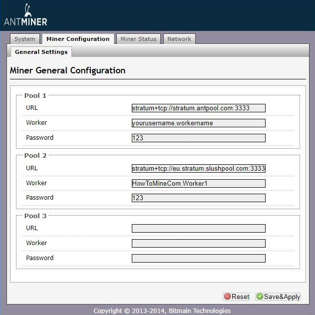 Captura de pantalla de la página de configuración del minero de Antminer con dos diferentes pools de minería Bitcoin introducidos.