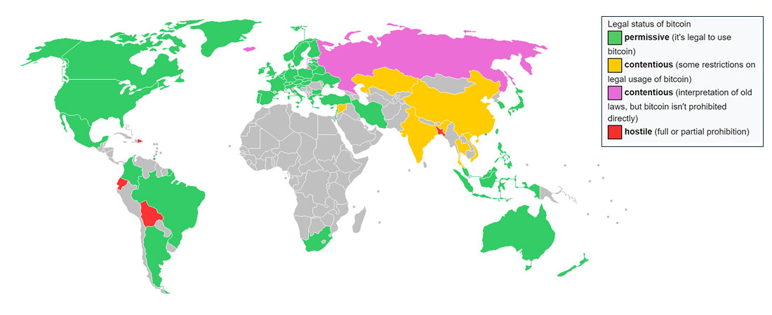 Mapa mundial de color que muestra la difusión de Bitcoin y las regulaciones de cada país.