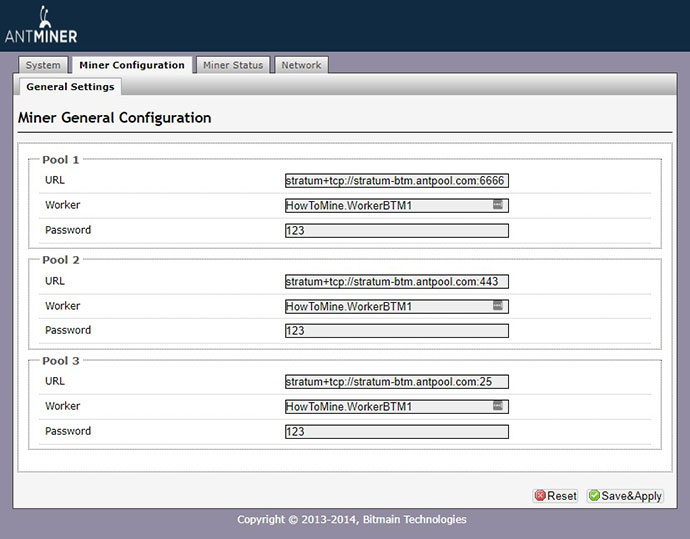 Captura de pantalla de la página de configuración del dispositivo Antminer con tres ejemplos diferentes de pools de minería de Bytom.