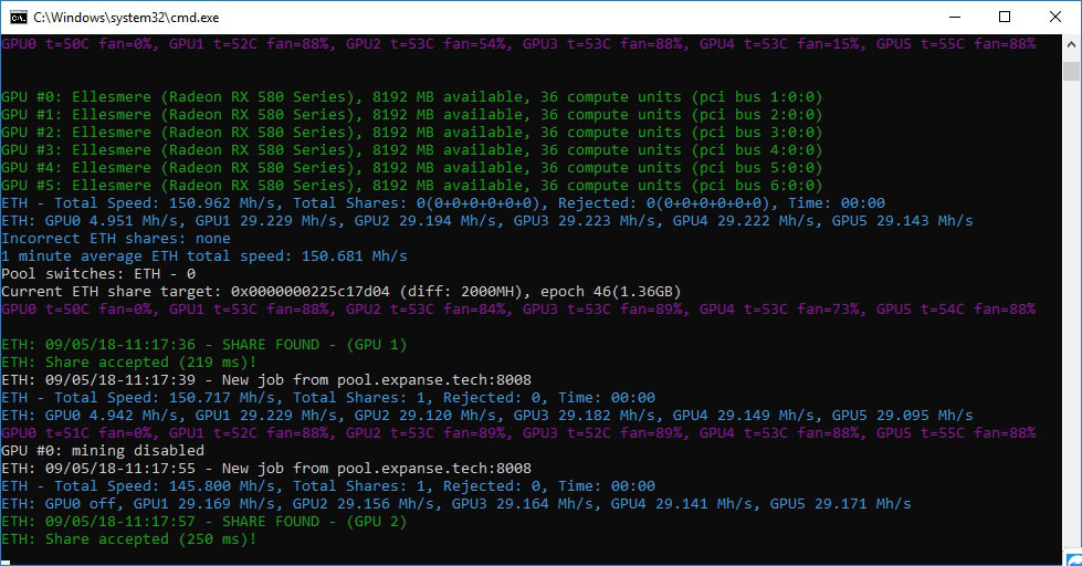 Foto instantánea del software de minería Expanse cargado y en función.