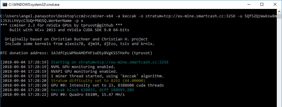 Imagen de la consola ccminer que indica que la configuración de minería de Smartcash está funcionando.
