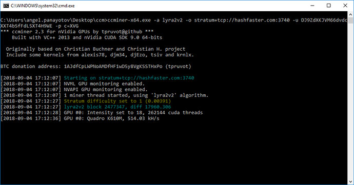 Imagen de la consola de cmd, abierta después de la ejecución del archivo start.bat con el fin de comprobar si el software de minería está funcionando.