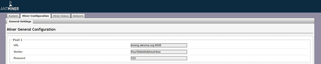 Une capture d'écran de la page de configuration de l'Antminer avec un pool de minage Akroma entré. 