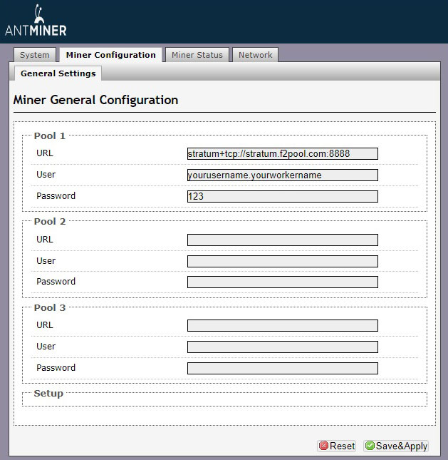 Un instantané de la page de configuration de l'Antminer avec F2pool comme exemple. 