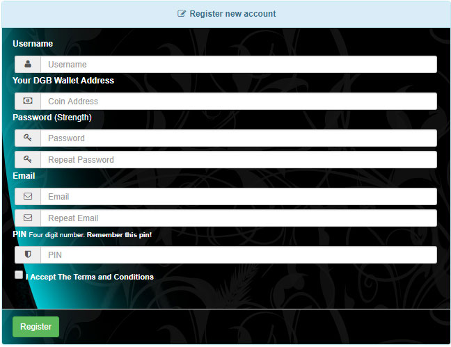 A screenshot of  Miningfield pool's signup page.