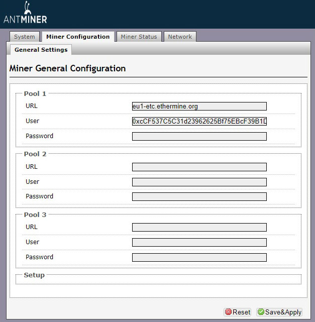 An image of Antminer's miner configuration page with ETC mining pool as an example.