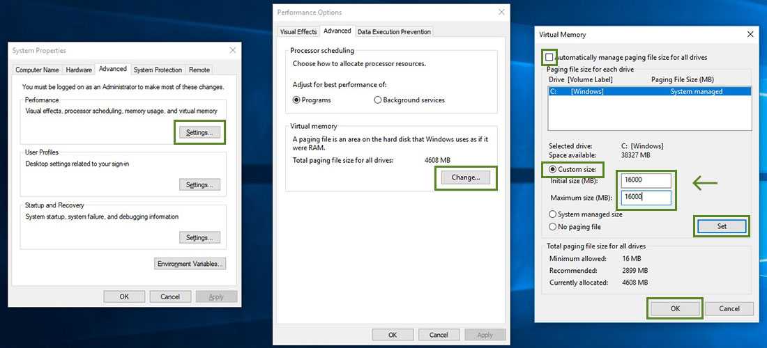 A three-steps screenshot showing how to increase your system's virtual memory.