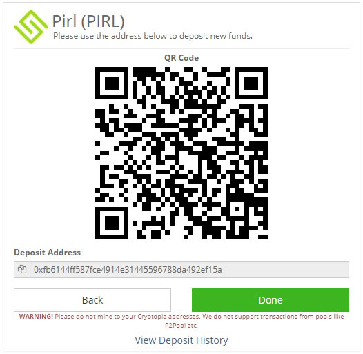 A QR code for depositing Pirl coins to the Nautilus wallet..