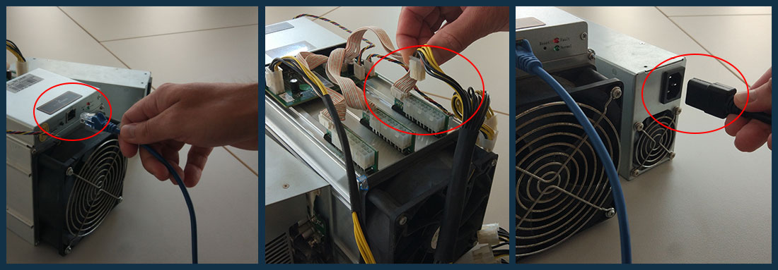 An image showing where to plug the LAN  and PSU cables to the ShieldCoin ASIC Antminer.